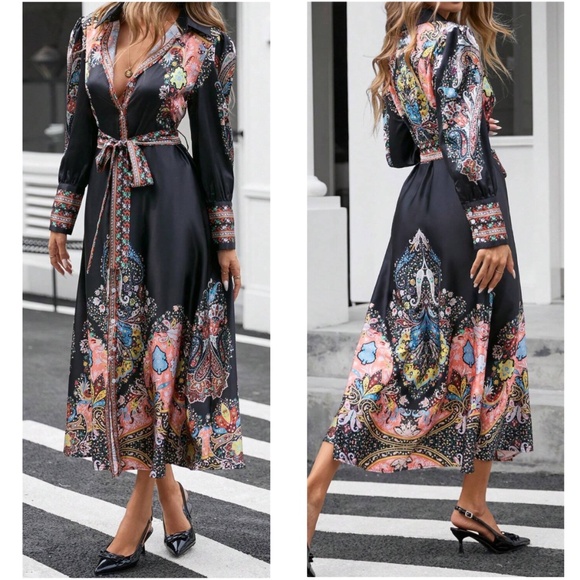 Luxe Satin Floral Print Button Down Belted Long Sleeve Dress - Picture 8 of 9